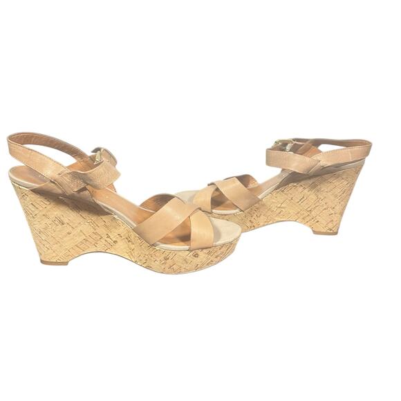 Franco Sarto Beige Leather Wedge Sandals 8.5M Strappy Cork Heel Summer Shoes - Picture 11 of 11
